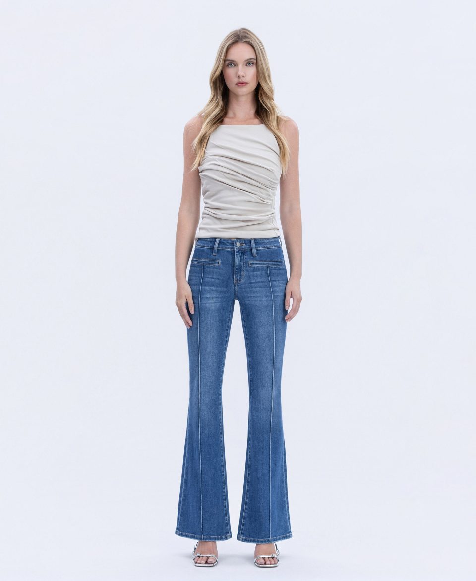 Inspiring - Mid Rise Welt Pocket Pin Tuck Flare Jeans