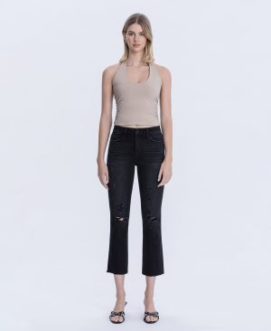 Black – High Rise Distressed Crop Slim Straight Jeans
