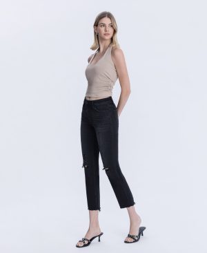 Black – High Rise Distressed Crop Slim Straight Jeans